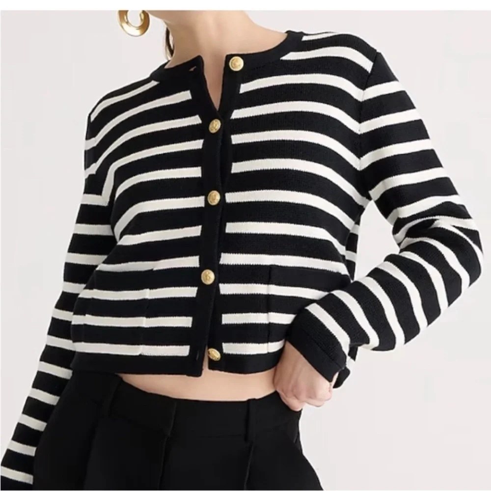 J.Crew Emilie Sweater Lady Jacket XXL Black Ivory Stripe Gold Button
